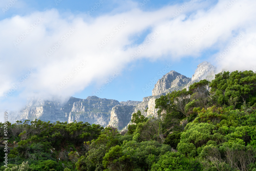 mountain cliffs with tree vegetation and sunny clouded blue sky
