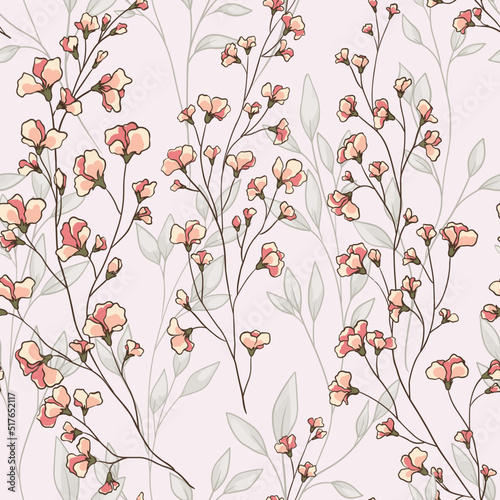 Seamless pattern, romantic floral print with blooming branches. Gentle botanical background design with hand drawn plants, small pink flowers, leaves on thin twigs. Vector.