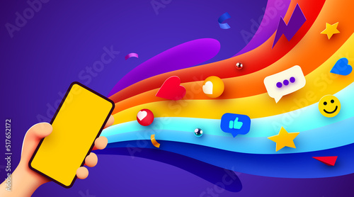 Hand holding phone. Phone mockup. Color explosion. Bright poster