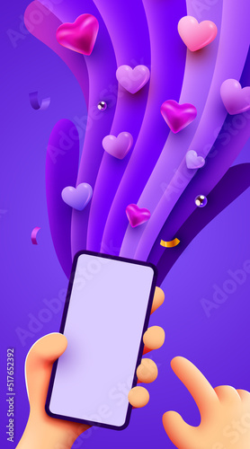 Cute cartoon hand holding mobile smartphone with Likes notification icons. Social media and marketing concept.