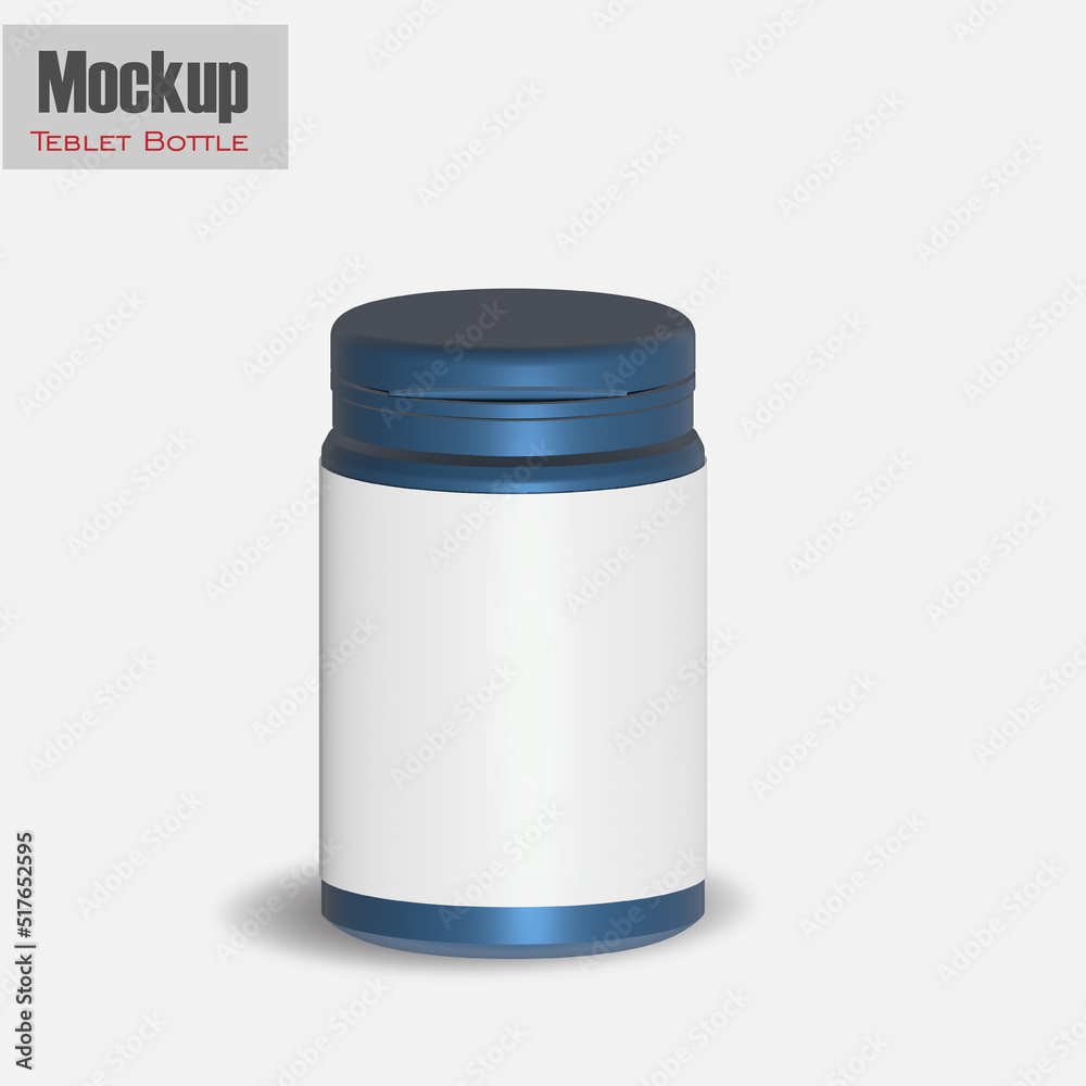 White matte plastic bottle with snap hinge push cap for pills pills packaging template realistic image mockup with sample design, front view, 3D illustration. White matte plastic bottle with snap hinge push cap for pills pills packaging template realistic image mockup with sample design, front view, 3D illustration.