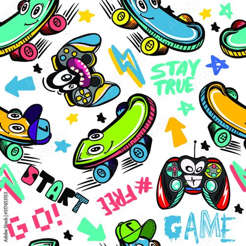 hand drawn cartoon pattern with skateboards and joysticks.  For children's textiles, wrapping paper, prints
