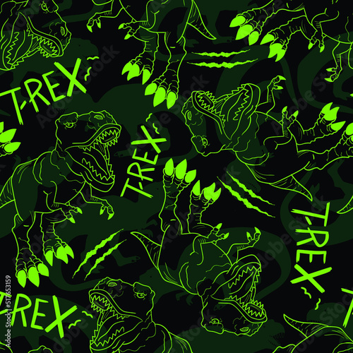Seamless  bright Dino pattern, print for T-shirts, textiles, wrapping paper, web. Original design with t-rex, dinosaur.  grunge design for boys and girls