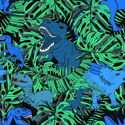 Seamless  bright Dino pattern, print for T-shirts, textiles, wrapping paper, web. Original design with t-rex, dinosaur.  grunge design for boys and girls