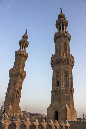 Minarets of mosque of al-Mu'ayyad on top of Bab Zuwaila, Cairo, Egypt