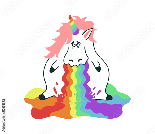 Cute unicorn puke rainbow. Funny print for t-shirts. Unicorn with rainbow horn. Sticker. Vector illustration.