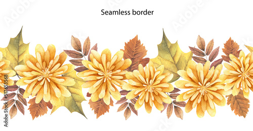 Watercolor autumn floral seamless border. Frame with fall maple, rowan, grape leaf and chrysanthemum flower. Botanical pattern for design thanksgiving card, invitation. Isolated on white background.