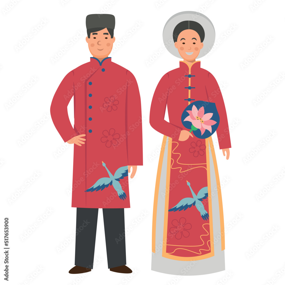 Cartoon men's and women's vietnam costume, character for children. Flat vector illustration