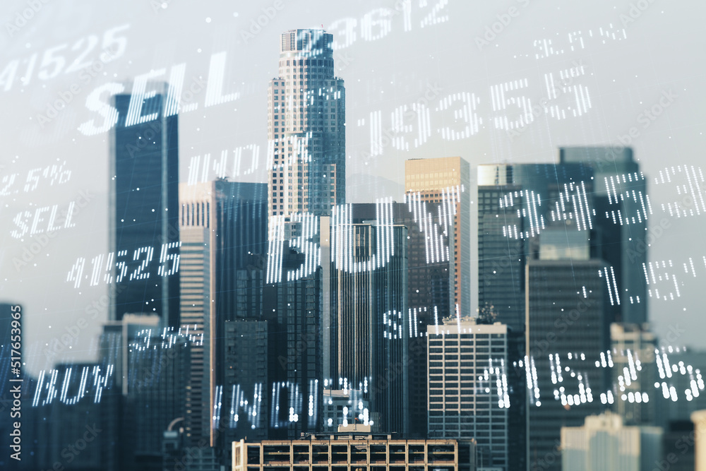 Multi exposure of virtual abstract financial graph interface on Los Angeles cityscape background, financial and trading concept