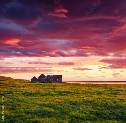 Majestic summer sunset in outskirts of Grundarfjordur town. Fantastic evening scene of Snaefellsnes peninsula, Iceland, Europe. Traveling concept background..