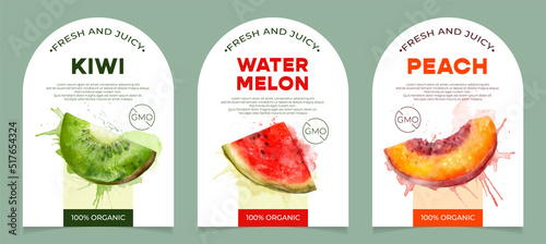 Set of 3 labels, packaging of fresh and juicy fruits. Natural organic product, gmo free. Text with watercolor realistic fruits on white base. Template for your product.
