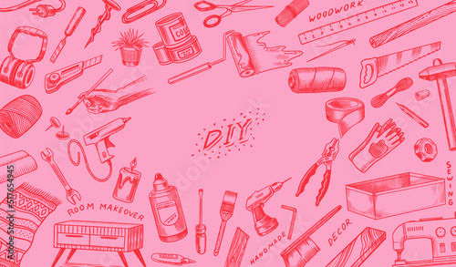 DIY Background. Hardware Shop concept. Glue, wood planks, sewing machine. Tools or instruments for home renovation. Banner poster template. Do it yourself. Engraved doodle vintage sketch hand drawn. 