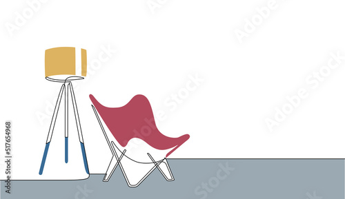 Continuous line colored drawing of armchair and lamp. One line of interior Living room with modern furniture and abstract shapes. Single line Handdraw contour with editable stroke. Doodle illustration
