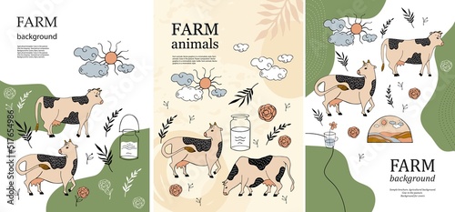 Sample brochure. Agricultural background. Cows, milk can, sun, clouds and flowers.