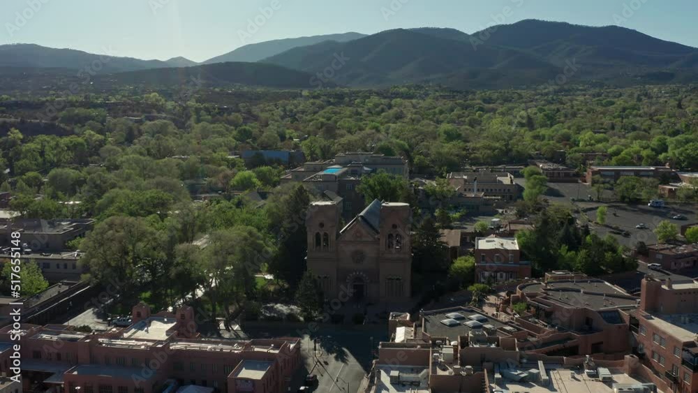 Aerial orbiting Santa Fe St Francis Cathedral Famous Church Aerial orbiting Santa Fe St Francis Cathedral Famous Church