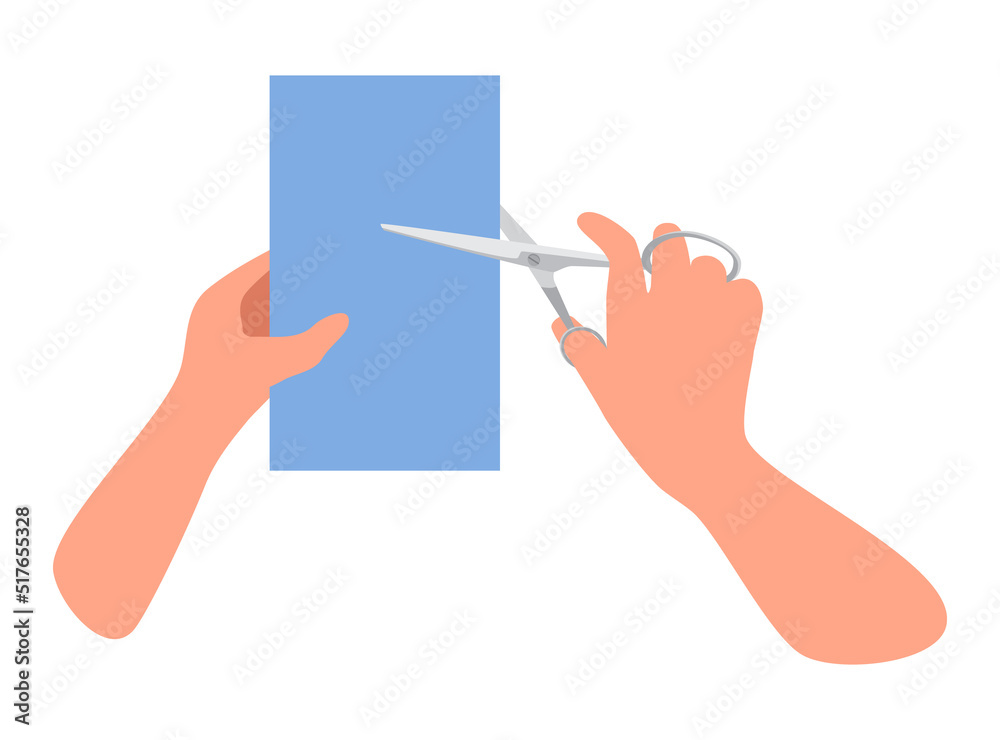 One hand holds a piece of paper, the other hand holds scissors. Scissors cut a sheet of paper. Hobby. Top view. Vector illustration in flat style on a white background