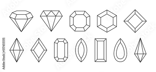 Set of simple geometric gem stones. Jewelry crystals shapes in linear style. Vector illustration.