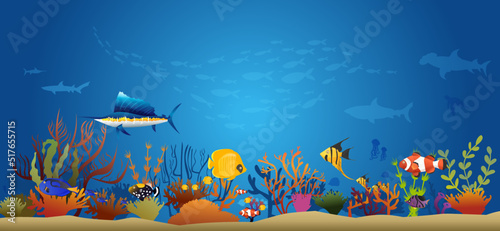 silhouette of coral reef with fish on blue sea background underwater vector illustration