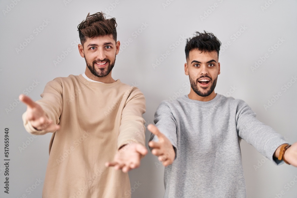 Young homosexual couple standing over white background smiling cheerful offering hands giving assistance and acceptance.