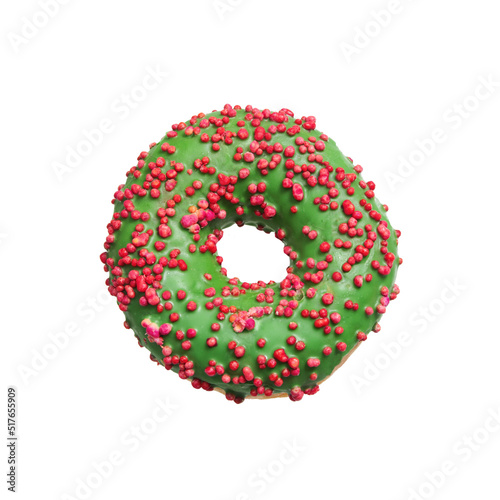 Green donut with red and pink sprinkles on a white background. Isolated