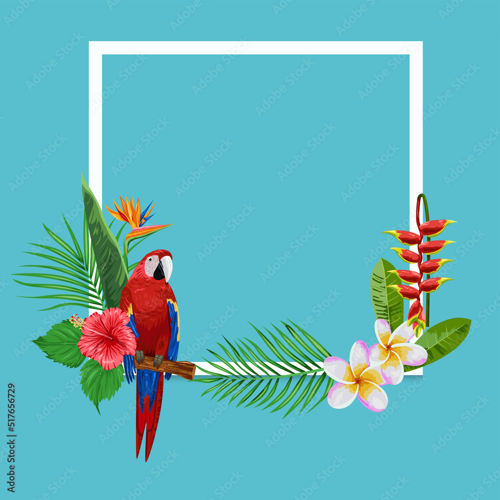 Frame with colorful parrot and tropical plans illustration