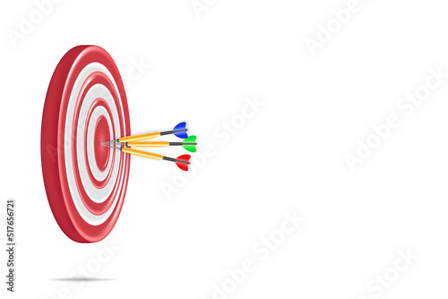Darts hitting a red target on the center isolated on white background. 3d render illustration