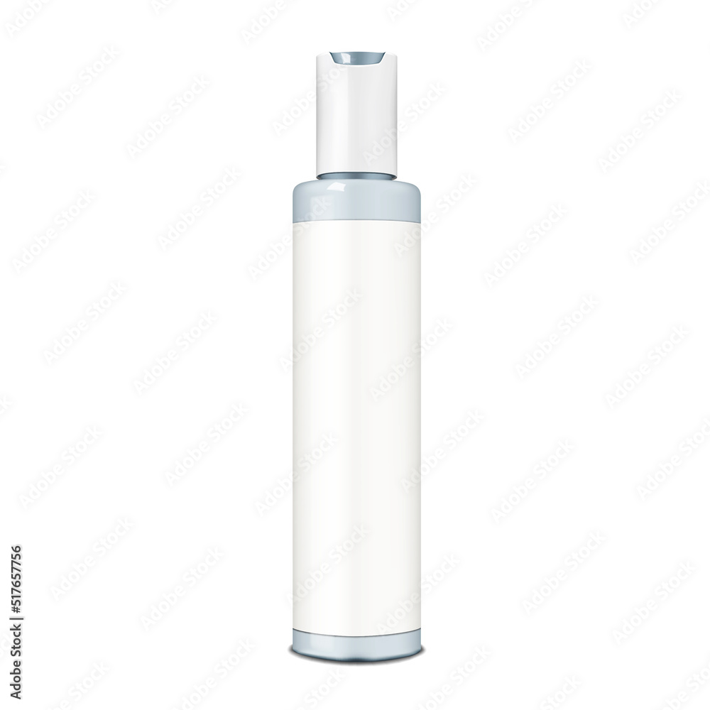 Cosmetic bottle with disc top screw cap and white blank label realistic mock-up. Beauty product packaging vector mockup. Template for design Cosmetic bottle with disc top screw cap and white blank label realistic mock-up. Beauty product packaging vector mockup. Template for design