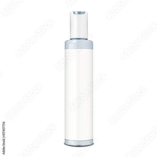 Cosmetic bottle with disc top screw cap and white blank label realistic mock-up. Beauty product packaging vector mockup. Template for design