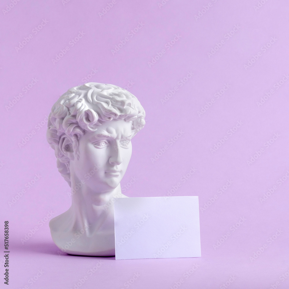 David italy statue of michelangelo in vaporwave style and sheet of paper as banner with copyspace for text on pastel background. David italy statue of michelangelo in vaporwave style and sheet of paper as banner with copyspace for text on pastel background.