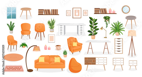 Set of furniture for the bedroom, hallway, living room, office. Collection of items for the interior of an apartment, office, home. Vector illustration in flat cartoon style. Housing elements.