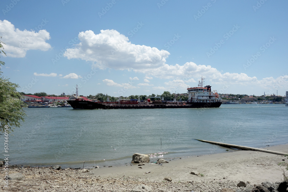 oil tanker on danube river in a summer sunny day