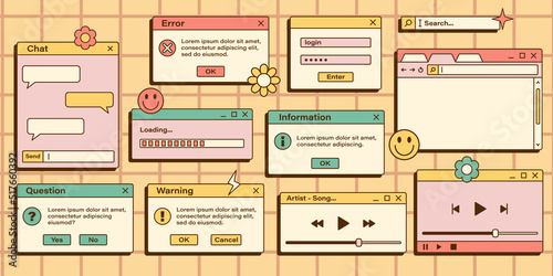 Vector set of retro vaporwave computer interface. Vintage browser and dialog window templates. Vector illustration of nostalgic UI and UX.
