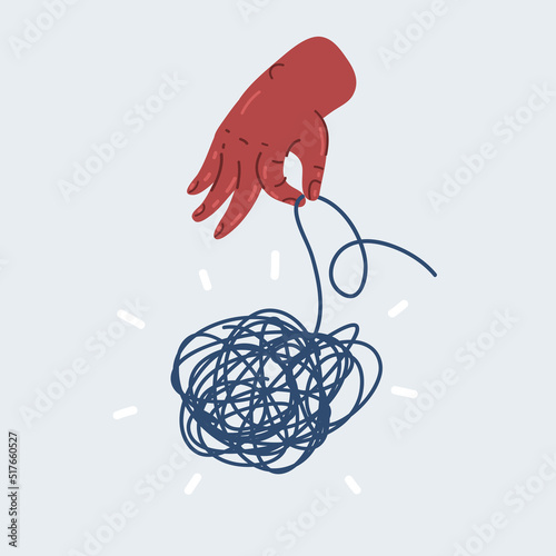 Vector illustration of Unraveling tangled tangle by hand. Metaphor of problem solving, difficult situation, chaos and mess.