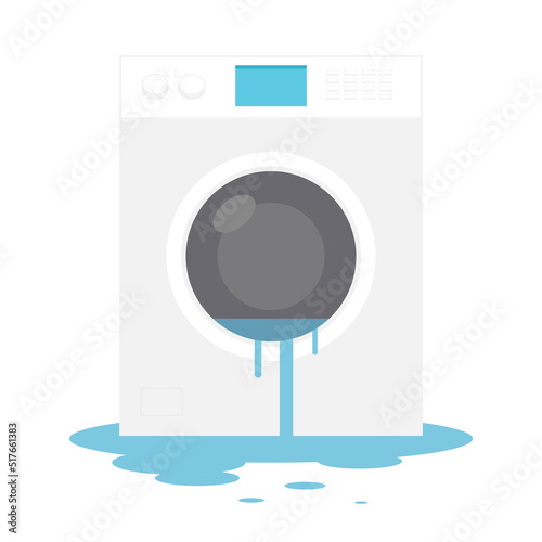 Broken washing machine vector. Washing machine on white background. Water leak.
