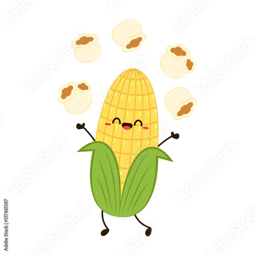 Corn and popcorn cartoon. Vector mascot, cartoon and illustration of a corn holding popcorn. Character design.