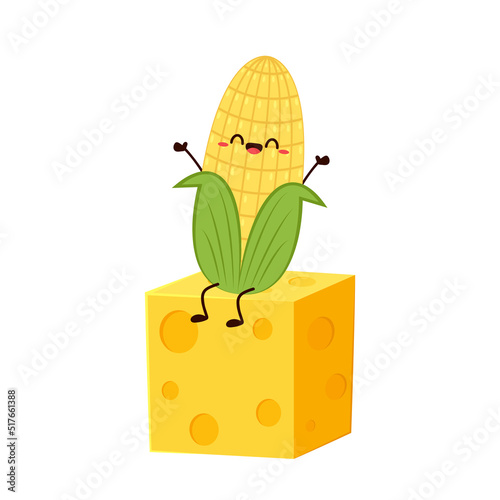 Corn and Cheese vector. Corn and Cheese character design. Corn on white background. Cube cheese.