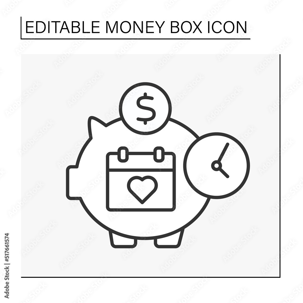 Moneybox line icon. Calendar inside piggybank. Accumulation of money for a special date. Wealth concept. Isolated vector illustration.Editable stroke