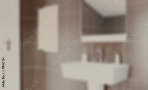 Clean and fresh bathroom with natural light. 3D rendering.. Mock. Abstract blur phototography.