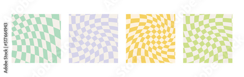 Set of twisted gingham checkerboard backgrounds in colorful summer colors. Groovy hippie chessboard pattern. Retro wavy 60s 70s abstract psychedelic design. Vector illustration social media template.