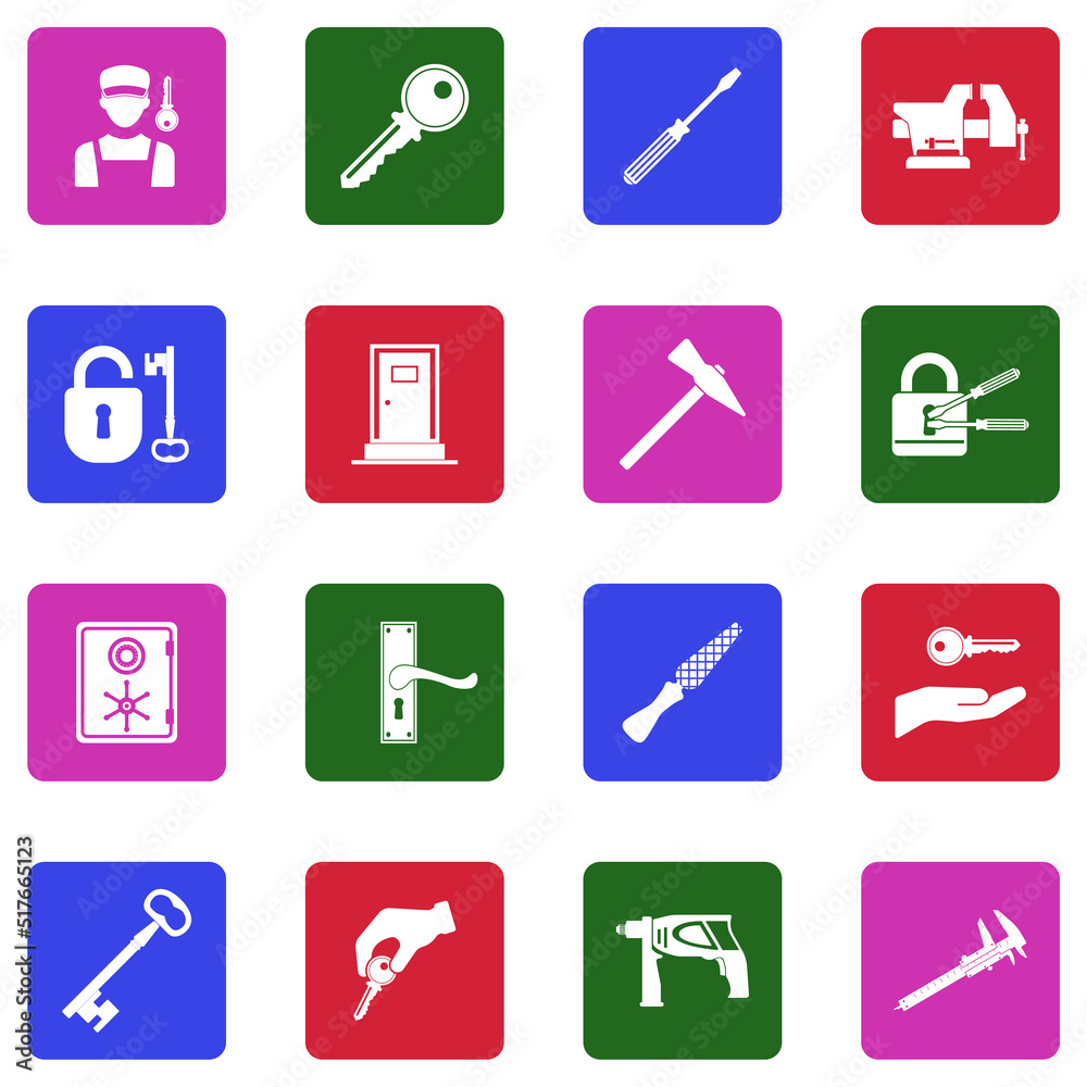 Locksmith Icons. White Flat Design In Square. Vector Illustration. Locksmith Icons. White Flat Design In Square. Vector Illustration.