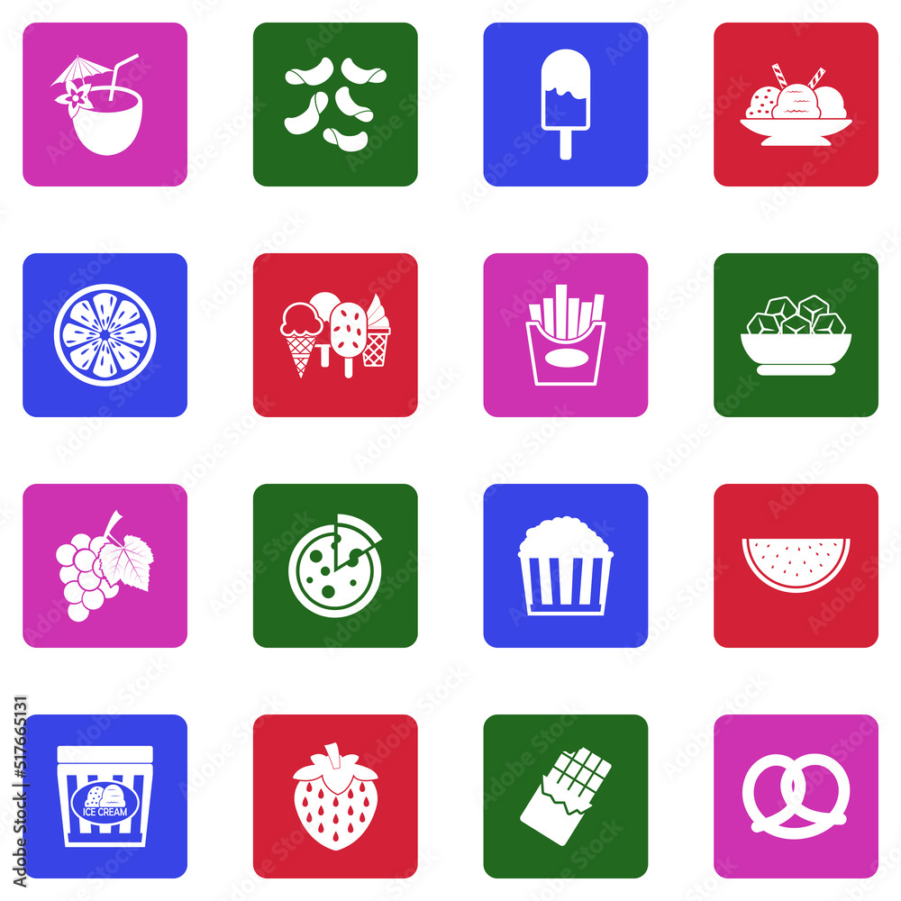 Summer Snack Icons. White Flat Design In Square. Vector Illustration. Summer Snack Icons. White Flat Design In Square. Vector Illustration.
