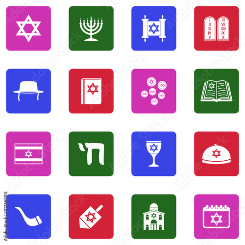 Hanukkah Icons. White Flat Design In Square. Vector Illustration.