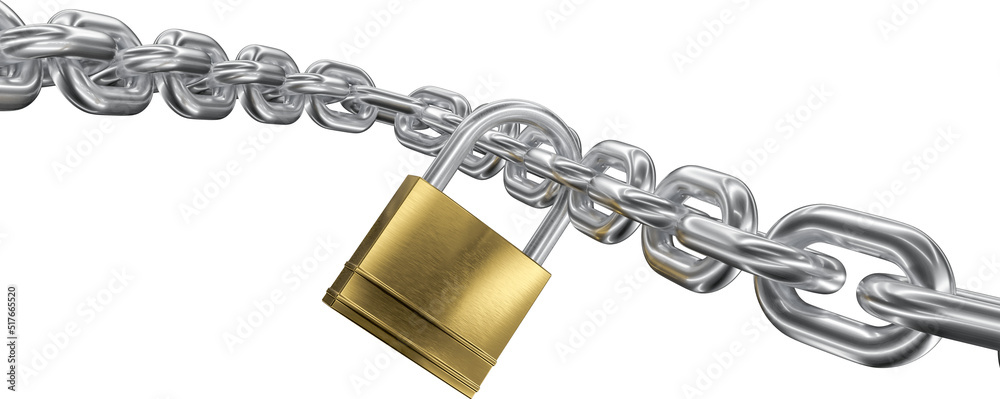 Chain in 3d realistic render with padlock - obrazy, fototapety, plakaty 