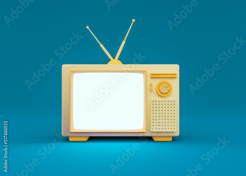 3d rendering yellow retro television on blue background.