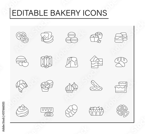 Bakery line icons set. Sweet desserts. Tasty bread. Baking concepts. Isolated vector illustrations.Editable stroke