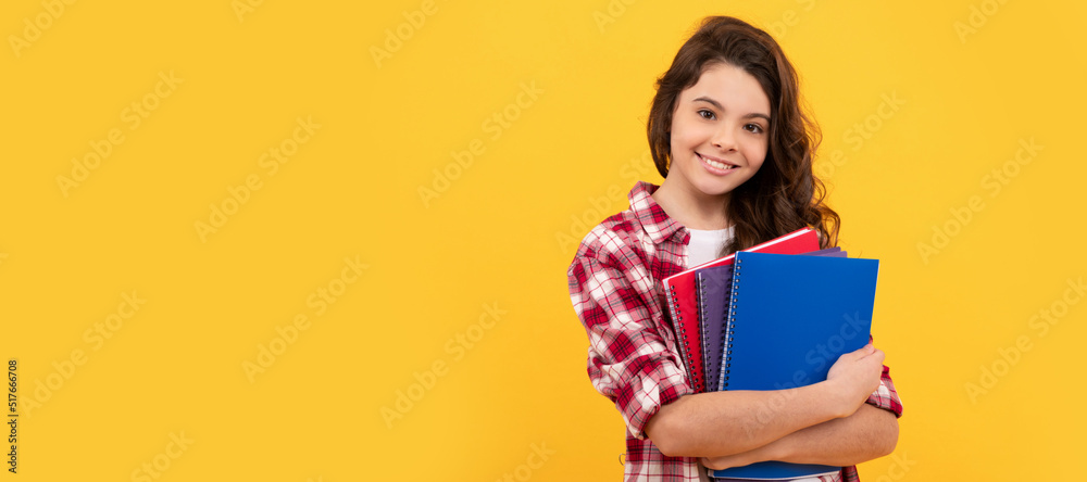 lets study. back to school. teen girl ready to study. happy childhood. Portrait of schoolgirl student, studio banner header. School child face, copyspace. lets study. back to school. teen girl ready to study. happy childhood. Portrait of schoolgirl student, studio banner header. School child face, copyspace.