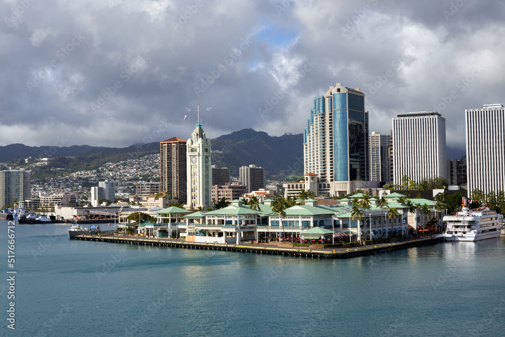 Honolulu Harbor Marina and cruise port. Aloha tower at Pier 9