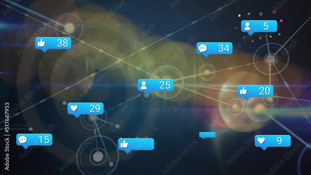 Animation of network of connections with social media reactions over lights on navy background Animation of network of connections with social media reactions over lights on navy background