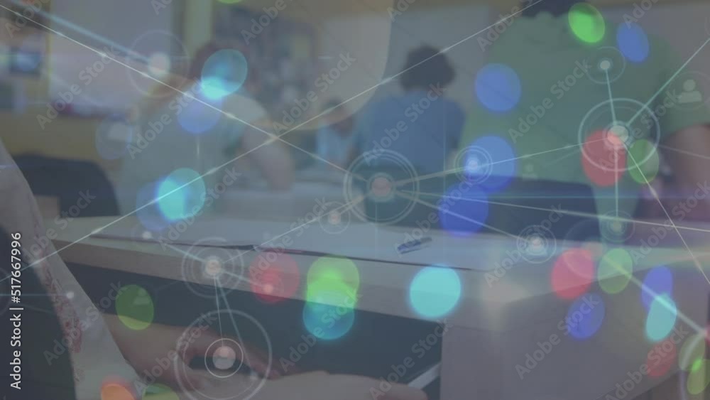 Animation of network of connections over hands of caucasian boy using smartphone at school Animation of network of connections over hands of caucasian boy using smartphone at school