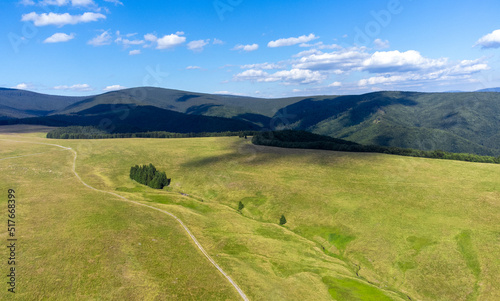 an alpine pasture in the Carpathian mountains seen from above